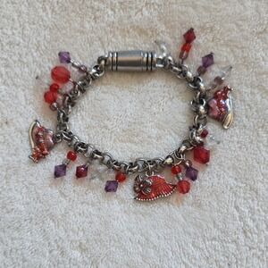 Red & Purple Beaded Charm Bracelet with Magnetic Clasp & Hat Dangle Charms